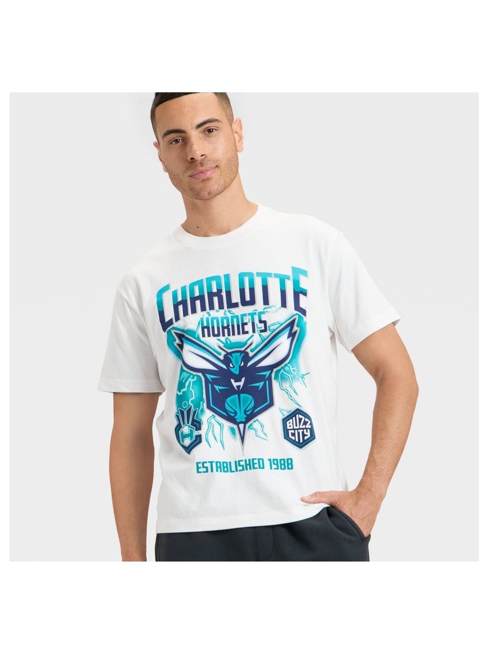 Original Use White T-Shirt with Teal & Navy Charlotte Hornets Graphic